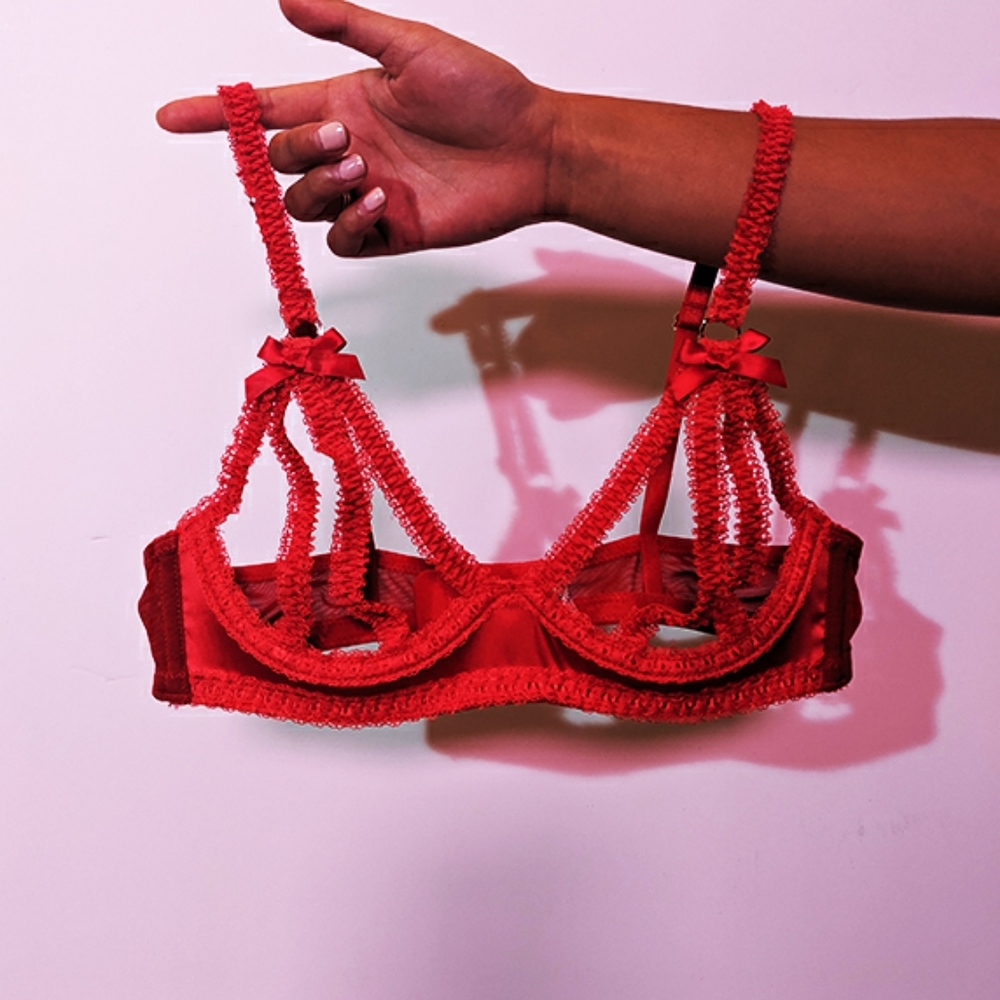Satin cupless bra, red